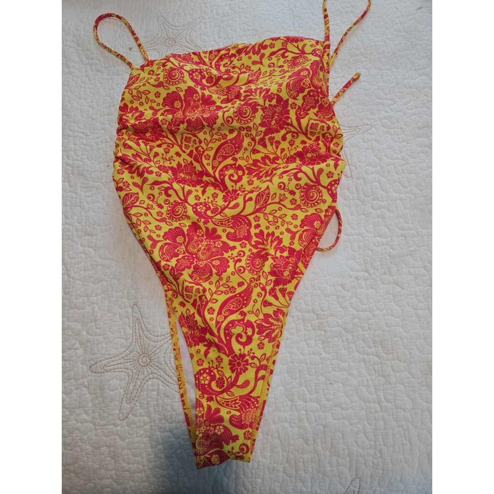 Unbranded One Piece Swimsuit Women XL Pink Yellow Ruched Floral Paisley